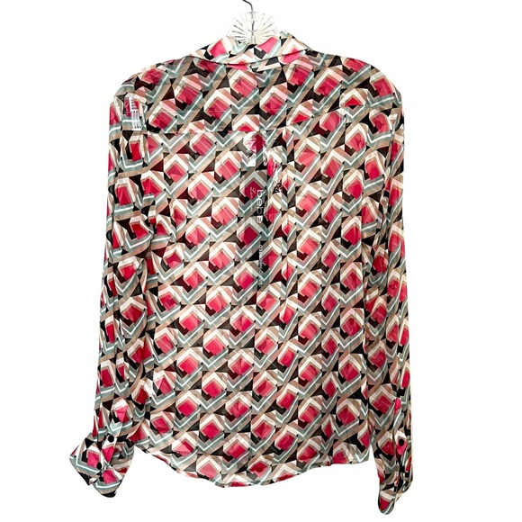 NWT BEBE Women's Silk Blouse Geometric Luxurious Button Down Long Sleeve, XS sz - Picture 5 of 17
